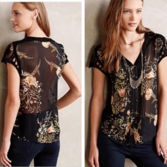 Anthropologie | Meadow Rue Sheer Black Floral Top - Picture 2 of 7